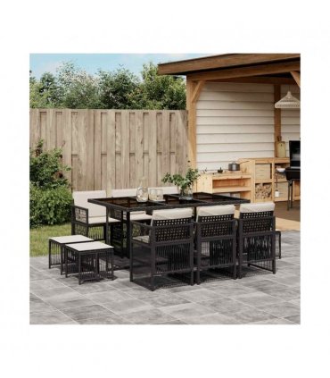 vidaXL 11 Piece Garden Dining Set with Cushions Black Poly Rattan — Colour: black and cream — V0672218506