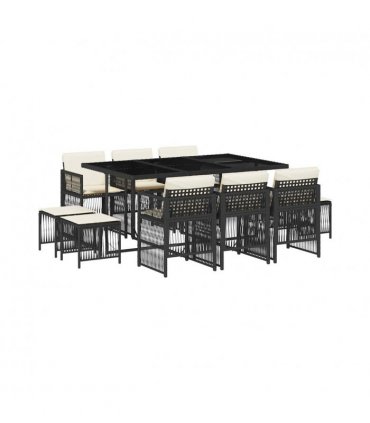 vidaXL 11 Piece Garden Dining Set with Cushions Black Poly Rattan — Colour: black and cream — V0672218506