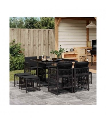 vidaXL 9 Piece Garden Dining Set with Cushions Black Poly Rattan