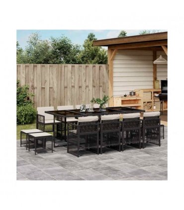 vidaXL 13 Piece Garden Dining Set with Cushions Black Poly Rattan — Colour: black and cream — V0672218519