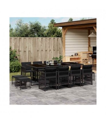 vidaXL 13 Piece Garden Dining Set with Cushions Black Poly Rattan