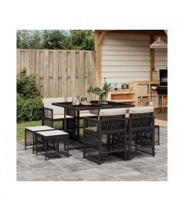vidaXL 9 Piece Garden Dining Set with Cushions Black Poly Rattan — Colour: black and cream — V0672218526
