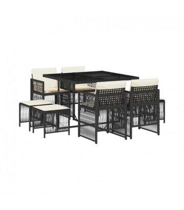 vidaXL 9 Piece Garden Dining Set with Cushions Black Poly Rattan — Colour: black and cream — V0672218526