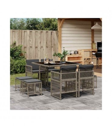 vidaXL 9 Piece Garden Dining Set with Cushions Grey Poly Rattan — V0672218536
