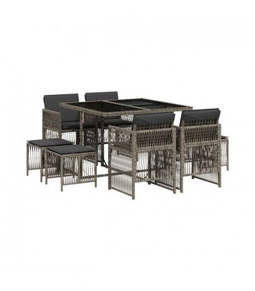 vidaXL 9 Piece Garden Dining Set with Cushions Grey Poly Rattan — V0672218536