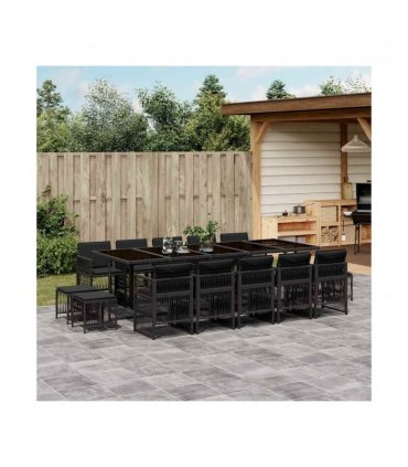 vidaXL 15 Piece Garden Dining Set with Cushions Black Poly Rattan