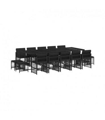 vidaXL 15 Piece Garden Dining Set with Cushions Black Poly Rattan