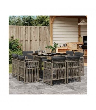 vidaXL 9 Piece Garden Dining Set with Cushions Grey Poly Rattan — V0672218551