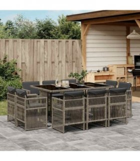 vidaXL 11 Piece Garden Dining Set with Cushions Grey Poly Rattan — V0672218566