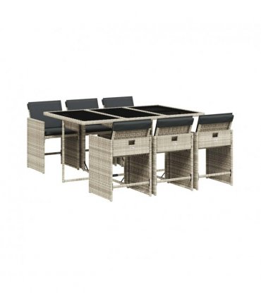 vidaXL 7 Piece Garden Dining Set with Cushions Light Grey Poly Rattan — V0672218616