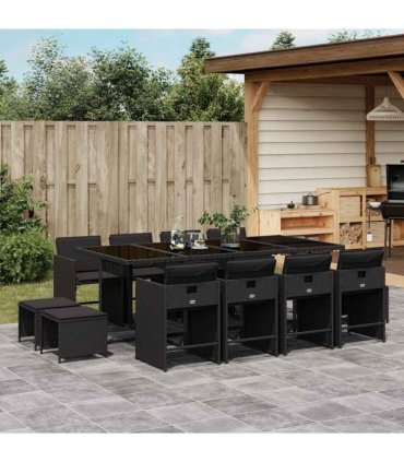 vidaXL 13 Piece Garden Dining Set with Cushions Black Poly Rattan — V0672218628