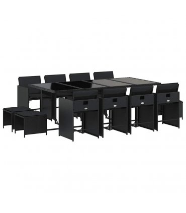 vidaXL 13 Piece Garden Dining Set with Cushions Black Poly Rattan — V0672218628