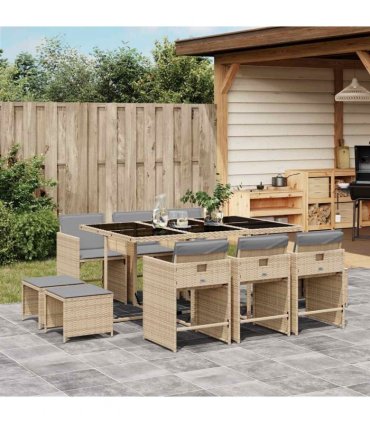 vidaXL 11 Piece Garden Dining Set with Cushions Mix Beige Poly Rattan — V0672218633