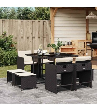 vidaXL 9 Piece Garden Dining Set with Cushions Black Poly Rattan — Colour: black and cream — V0672218634
