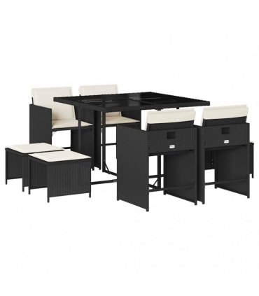 vidaXL 9 Piece Garden Dining Set with Cushions Black Poly Rattan — Colour: black and cream — V0672218634