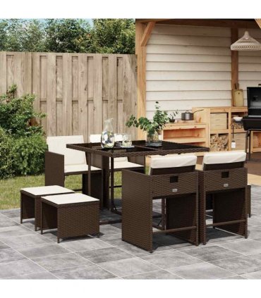 vidaXL 9 Piece Garden Dining Set with Cushions Brown Poly Rattan — V0672218638