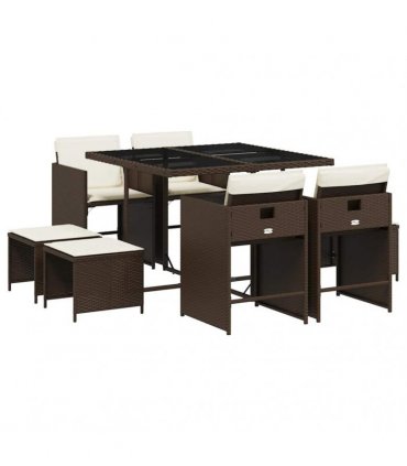 vidaXL 9 Piece Garden Dining Set with Cushions Brown Poly Rattan — V0672218638