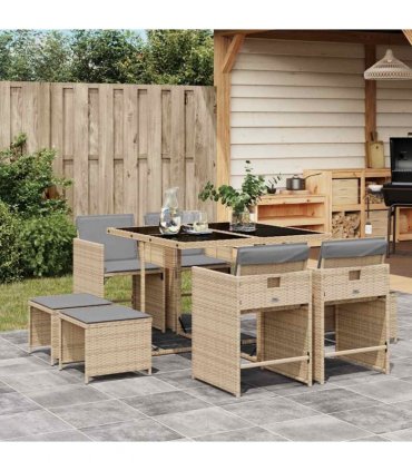 vidaXL 9 Piece Garden Dining Set with Cushions Mix Beige Poly Rattan — V0672218639