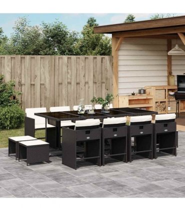 vidaXL 13 Piece Garden Dining Set with Cushions Black Poly Rattan — Colour: black and cream — V0672218641