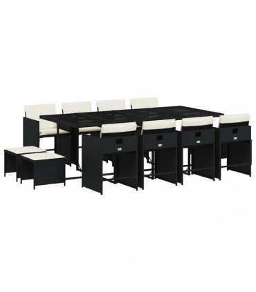 vidaXL 13 Piece Garden Dining Set with Cushions Black Poly Rattan — Colour: black and cream — V0672218641