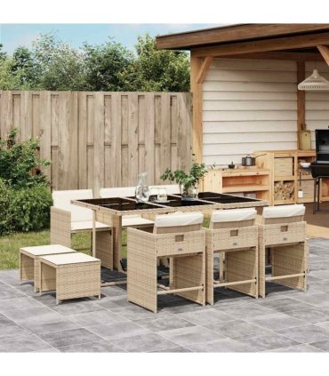 vidaXL 11 Piece Garden Dining Set with Cushions Beige Poly Rattan