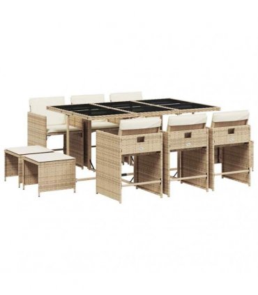 vidaXL 11 Piece Garden Dining Set with Cushions Beige Poly Rattan