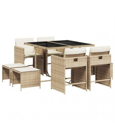 vidaXL 9 Piece Garden Dining Set with Cushions Beige Poly Rattan