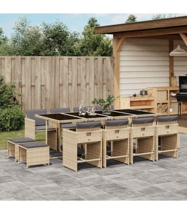 vidaXL 13 Piece Garden Dining Set with Cushions Mix Beige Poly Rattan — V0672218645