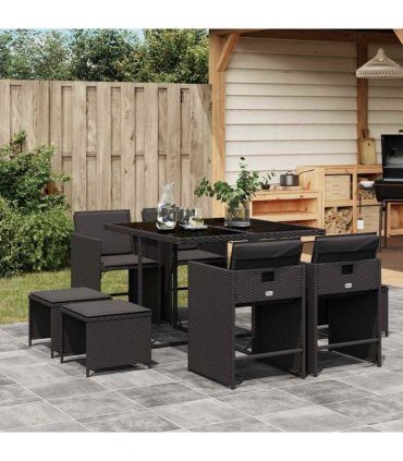 vidaXL 9 Piece Garden Dining Set with Cushions Black Poly Rattan — V0672218646