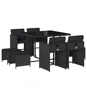 vidaXL 9 Piece Garden Dining Set with Cushions Black Poly Rattan — V0672218646