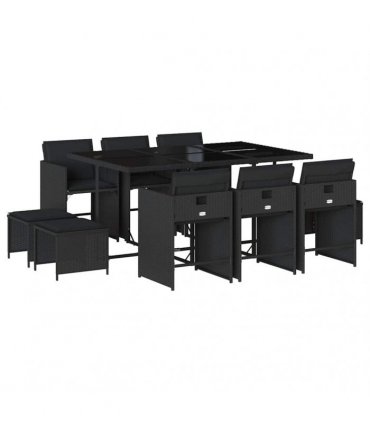 vidaXL 11 Piece Garden Dining Set with Cushions Black Poly Rattan — V0672218649