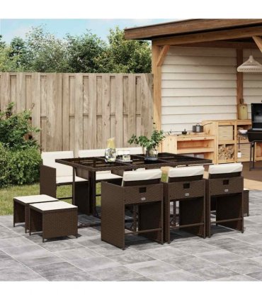 vidaXL 11 Piece Garden Dining Set with Cushions Brown Poly Rattan — V0672218651