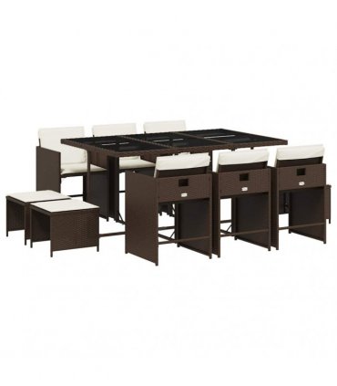 vidaXL 11 Piece Garden Dining Set with Cushions Brown Poly Rattan — V0672218651