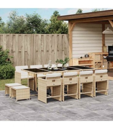 vidaXL 13 Piece Garden Dining Set with Cushions Beige Poly Rattan