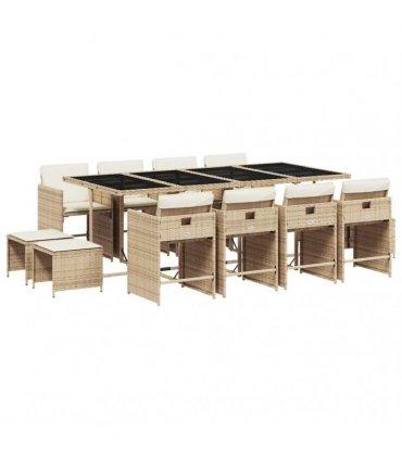 vidaXL 13 Piece Garden Dining Set with Cushions Beige Poly Rattan