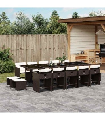 vidaXL 15 Piece Garden Dining Set with Cushions Brown Poly Rattan — V0672218663
