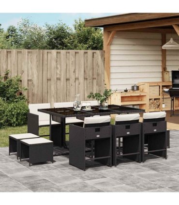 vidaXL 11 Piece Garden Dining Set with Cushions Black Poly Rattan — Colour: black and cream — V0672218664