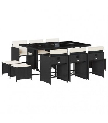 vidaXL 11 Piece Garden Dining Set with Cushions Black Poly Rattan — Colour: black and cream — V0672218664