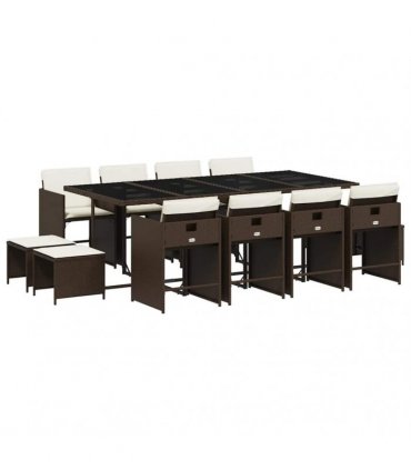 vidaXL 13 Piece Garden Dining Set with Cushions Brown Poly Rattan — V0672218672
