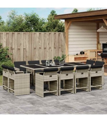 vidaXL 13 Piece Garden Dining Set with Cushions Light Grey Poly Rattan — V0672218675