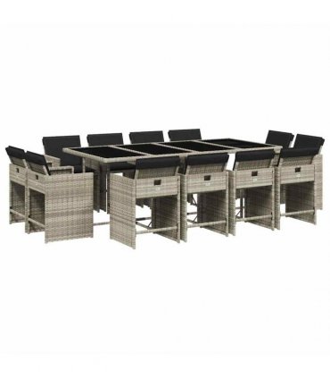 vidaXL 13 Piece Garden Dining Set with Cushions Light Grey Poly Rattan — V0672218675