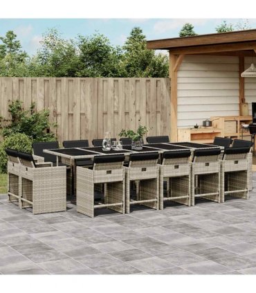 vidaXL 15 Piece Garden Dining Set with Cushions Light Grey Poly Rattan — V0672218680