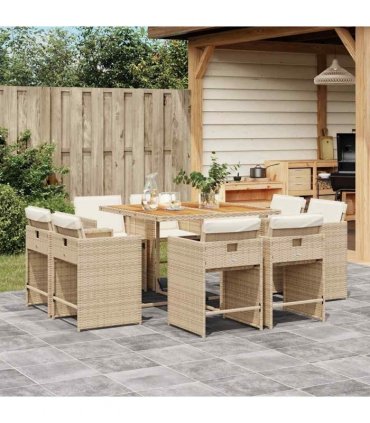 vidaXL 9 Piece Garden Dining Set with Cushions Beige Poly Rattan — V0672218688
