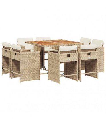 vidaXL 9 Piece Garden Dining Set with Cushions Beige Poly Rattan — V0672218688