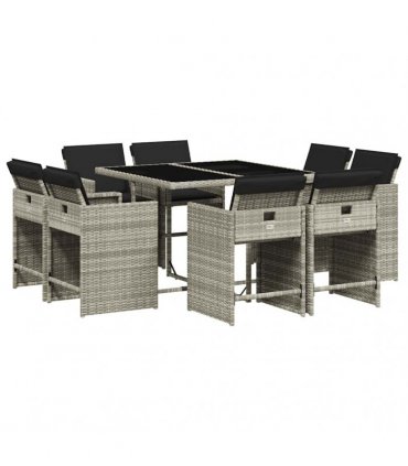 vidaXL 9 Piece Garden Dining Set with Cushions Light Grey Poly Rattan — V0672218689