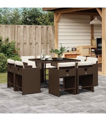 vidaXL 9 Piece Garden Dining Set with Cushions Brown Poly Rattan — V0672218699