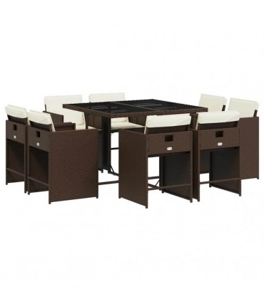 vidaXL 9 Piece Garden Dining Set with Cushions Brown Poly Rattan — V0672218699