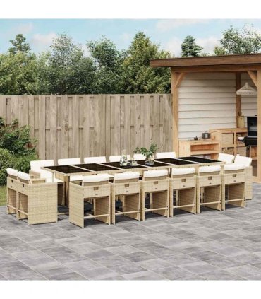 vidaXL 17 Piece Garden Dining Set with Cushions Beige Poly Rattan
