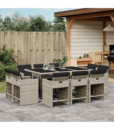 vidaXL 11 Piece Garden Dining Set with Cushions Light Grey Poly Rattan — V0672218709