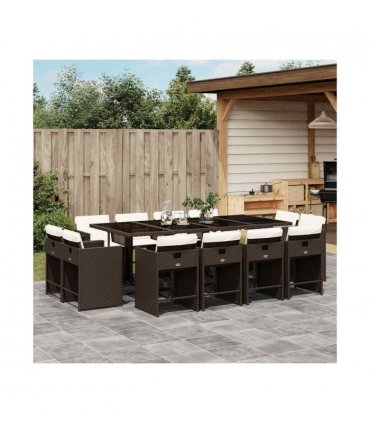vidaXL 13 Piece Garden Dining Set with Cushions Brown Poly Rattan — V0672218713